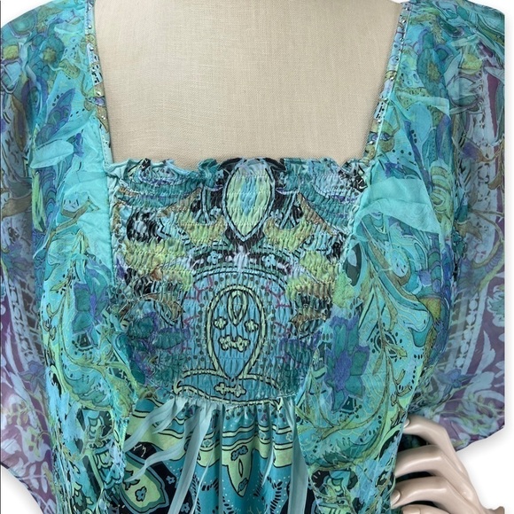 𝅺ONE World Womens S Flutter Sleeve Smocked Tunic Top Blouse Fairy Boho Festive - Picture 3 of 4